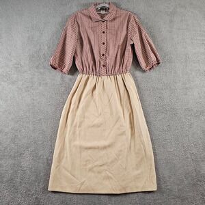 Melissa Lane Vintage Gingham Prairie Midi Dress Red Tan Button Front‎ Size 12